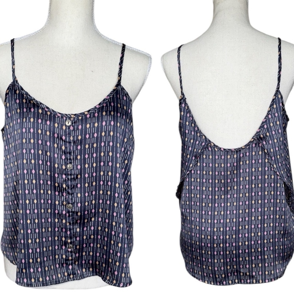 Pauln KC Gray Pink Yellow Diamond Print Stripe Cami Tank Top Silky Satin Sz M